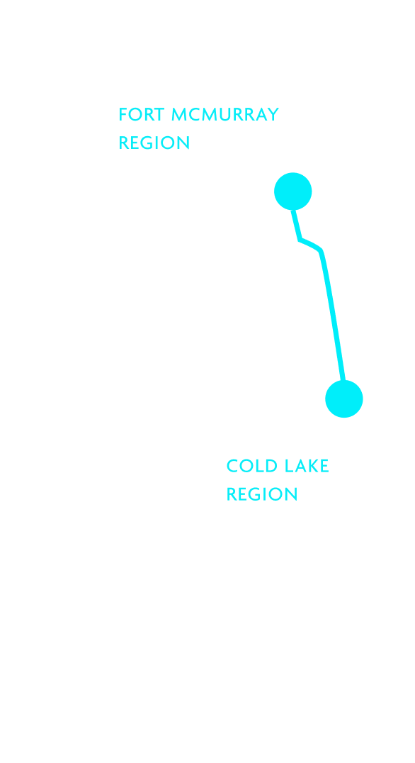 Map of Alberta with a line running south from the Fort McMurray region to the Cold Lake region. 